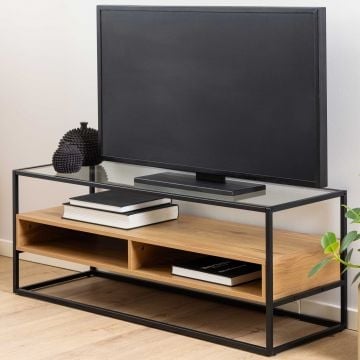 Meuble TV Randolf - verre - décor chêne/noir