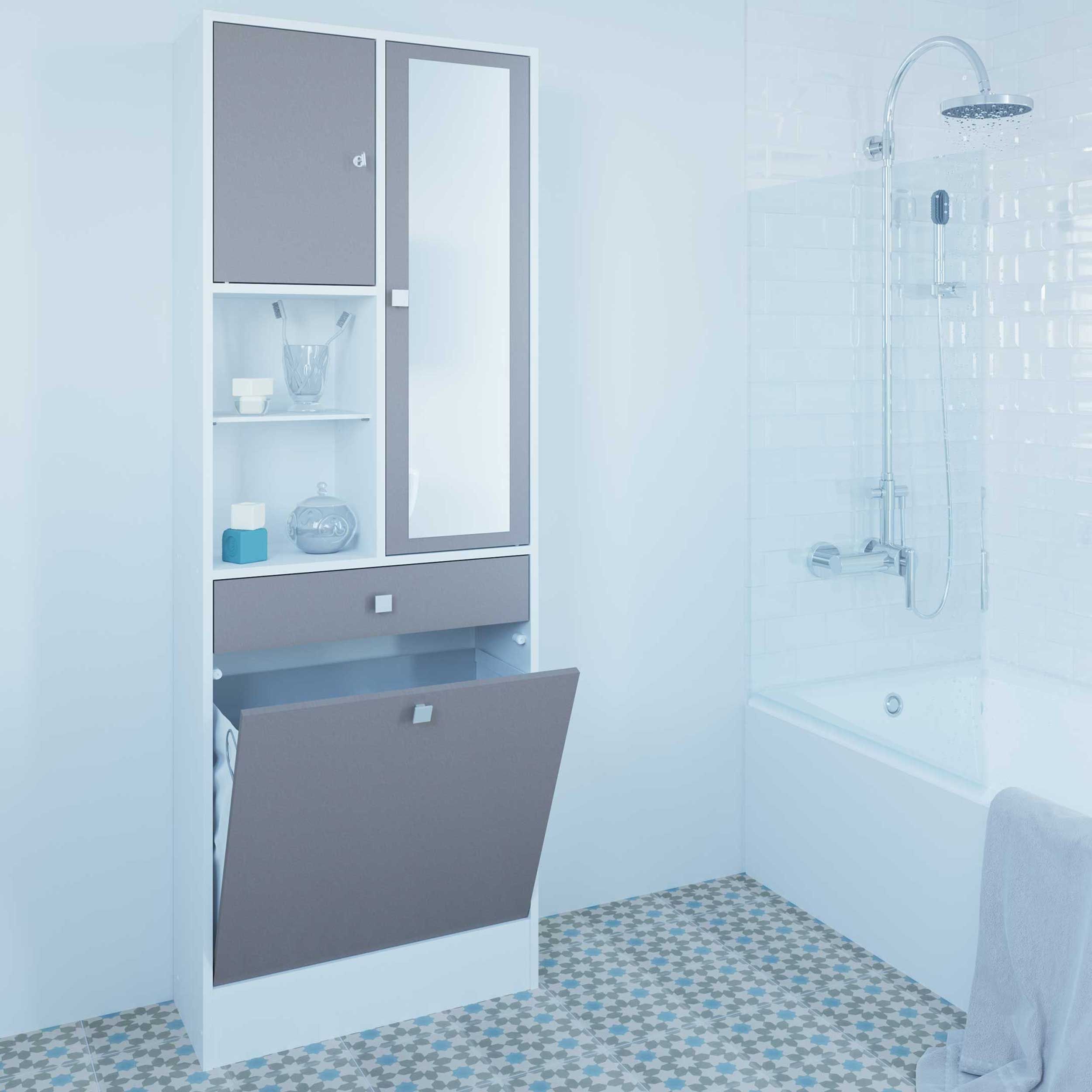 Meuble salle de bain gris avec panier à linge intégré Armoire
