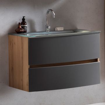 Meuble vasque Kornel 80cm avec vasque grise - chêne/gris mat