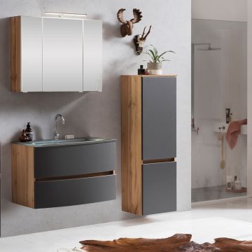 Ensemble salle de bains Kornel 4 à 3 pièces avec vasque grise - chêne/gris mat