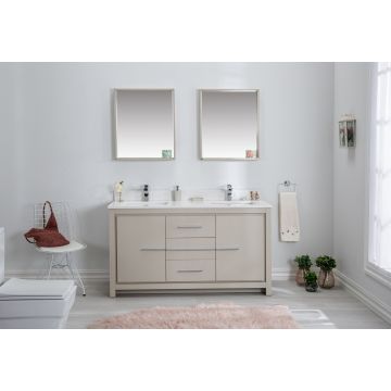 Jussara Ensemble de salle de bain | Bois massif, plan en quartz blanc, beige, 3 pièces