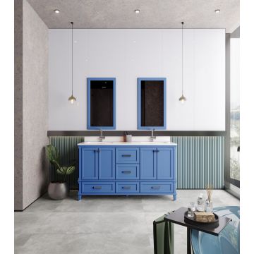 Jussara" Ensemble de meubles de salle de bain | 3 pièces | 100% bois massif | Comptoir en quartz | Tiroir en bois marin | Bleu