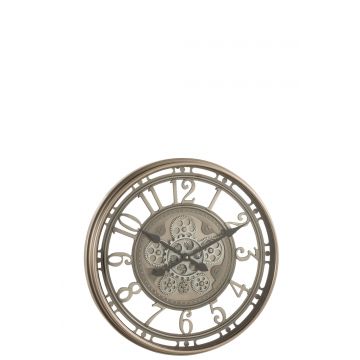 Horloge chiffres arabes mecanisme apparent metal + verre antique gris