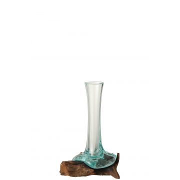 Vase haut sur pied gamal bois/verre recyclé naturel/transparent small