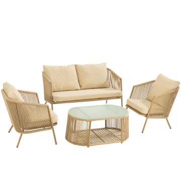 Set eli 4 pieces sofas+table+coussins metal/corde beige