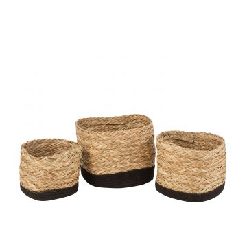 Set de 3 paniers carrés herbe/coton naturel/noir