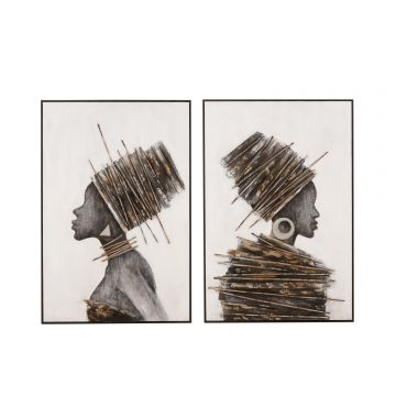 Peinture femme africaine bois/canevas marron/gris assortiment de 2
