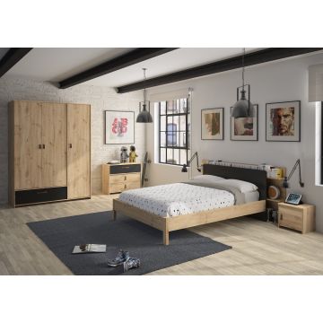 Chambre d'ado Liam: lit 140x190 avec tête de lit, chevet, commode, armoire - artisan chêne