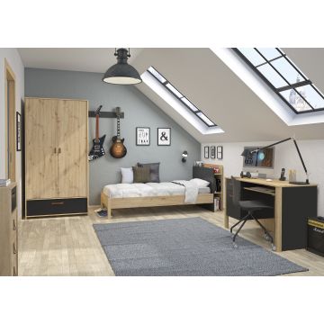 Chambre d'ado Liam: lit 90x190cm avec tête de lit, chiffonnier, armoire, bureau - chêne artisan