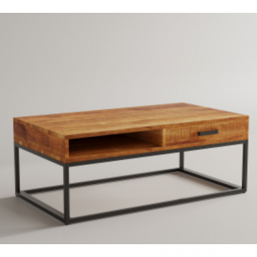 Table basse Madeira avec tiroir : Structure métallique, bois exotique mango | 40x110x60 cm