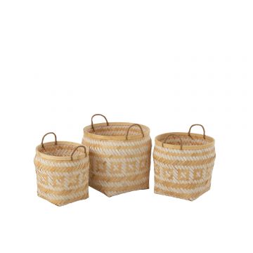 Set 3 paniers motifs anses bambou naturel/blanc