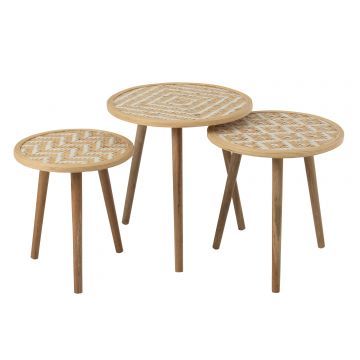 Set 3 tables gigogne motifs 3 pieds bambou/bois naturel/blanc
