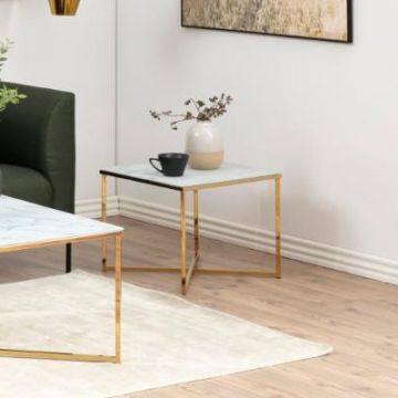 Table d'appoint carée Anika 50x50cm - marbre blanc/ doré