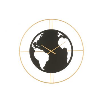 Horloge carte du monde trous metal noir/or large