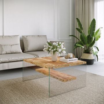 Luxury Locelso Coffee Table | 100% Solid Pine Wood | 100% Tempered Glass Leg | Eco-Friendly | Oak Color
