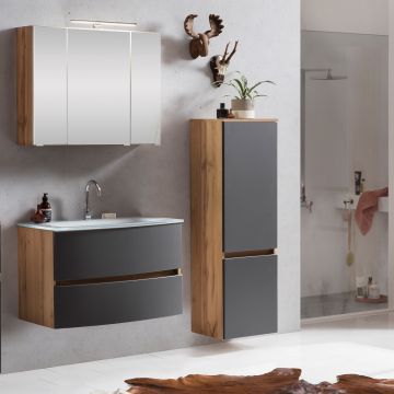 Ensemble salle de bains Kornel 3 à 3 pièces avec vasque blanche - chêne/gris mat