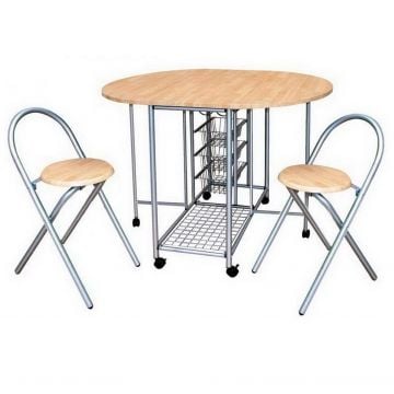 Table et chaises Beatrice, sur roulettes, 2 chaises - naturel/métallique