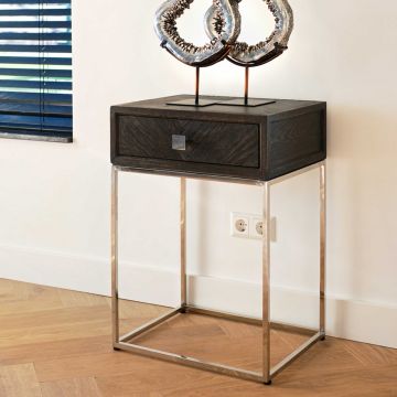 Table de chevet Bony 50cm 1 tiroir motif à chevrons - noir/argent 