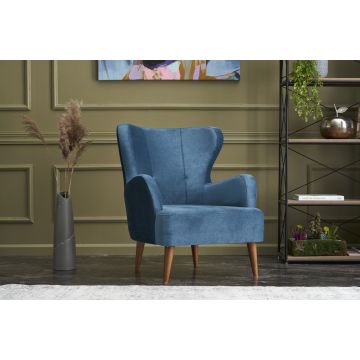 Atelier Del Sofa Wing Chair | Cadre en bois de charme | Velours bleu | Tissu facile à nettoyer