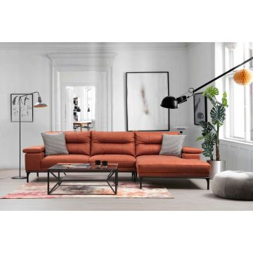 Canapé d'angle confortable et élégant | Structure en bois de hêtre | Orange | 309cm de largeur | Dossier réglable | 2 oreillers inclus