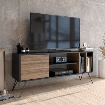 Meuble TV moderne en noyer noir | Revêtement en mélamine | Pieds en métal | Etagères multiples
