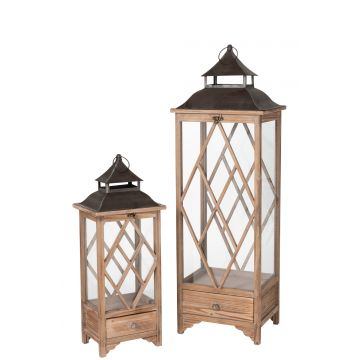 Set de 2 lanterne losanges bois de sapin/metal marron clair/noir
