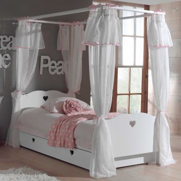 Lit à baldaquin Amori 90x200cm avec tiroir de lit et voile - blanc
