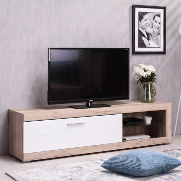 Meuble TV Branco avec porte pliante - blanc brillant/chêne