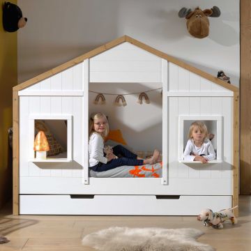 Lit maison Bambino 90x200 avec tiroir de lit MDF et pin - blanc/naturel
