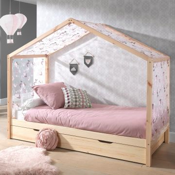 Lit cabane Dallas 3 90x200, tiroir de lit & voile avec dessin de papillons - bois pin/rose