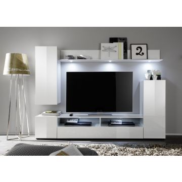 Meuble TV Dos | Avec portes, tiroirs et rangements ouverts | High Glossy White