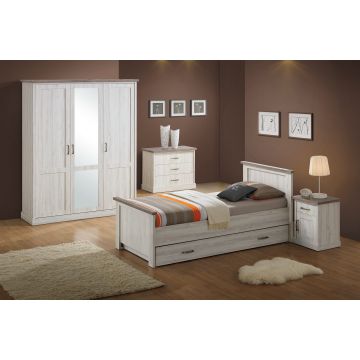 Chambre d'ado Emily: lit 90x200 avec tiroir, chevet, commode, armoire - gris chêne