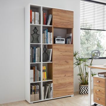 Bibliothèque & armoire de rangement Lloris avec 2 portes - blanc/chêne
