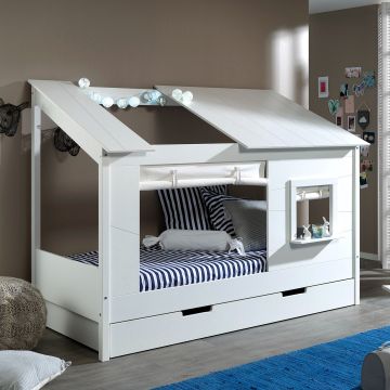 Lit cabane Lio 90x200 avec tiroir de lit et rideaux - blanc 
