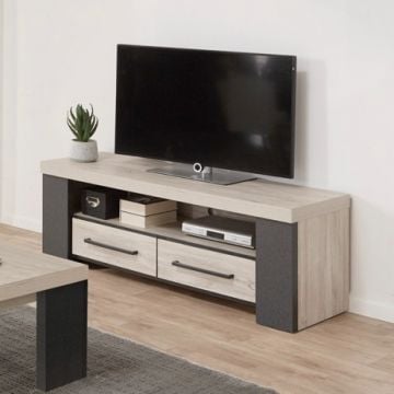 Meuble TV Haruko 140cm, 2 tiroirs - anthracite/décor en chêne gris