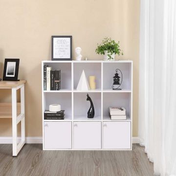 Bibliothèque de rangement en bois blanc, 3 armoires, étagère autoportante
