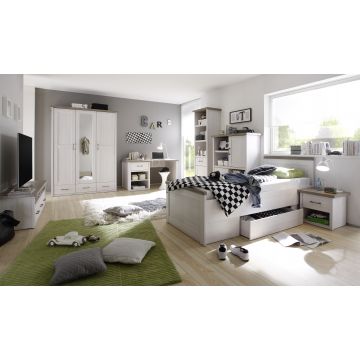 Chambre d'enfant Larnaca: lit 90x200, chevet, meuble tv, armoire, 2x bibliothèque, bureau - white wash