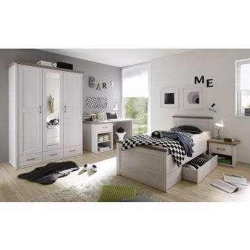 Chambre d'enfant Larnaca: lit 90x200, chevet, armoire, bureau - white wash
