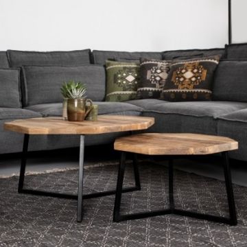 Lot de 2 tables basses Urban octogonales – bois de manguier/fer revêtu en poudre noir