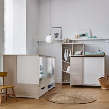 Ensemble pour chambre de bébé Binno | Lit pour bébé et enfant, tiroir de lit, commode avec table à langer, bibliothèque | Milky Pine design