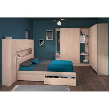 Ensemble de chambre à coucher Ekko | Lit à tiroirs, pont de lit, armoires et armoire d'angle | Design en chêne