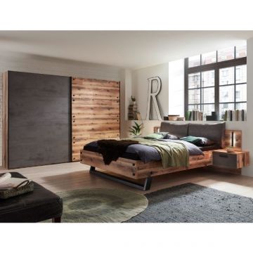 Ensemble de chambre à coucher Kalas | Lit double avec table de chevet et armoire | Design brun-gris