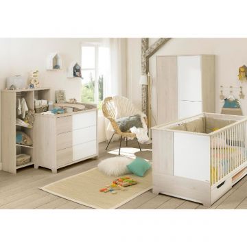 Ensemble pour chambre de bébé Binno | Lit pour bébé et enfant, tiroir de lit, armoire, commode avec table à langer, bibliothèque | Milky Pine design
