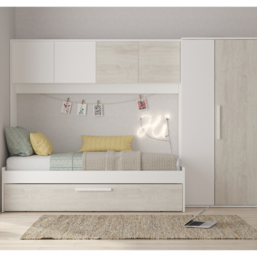 Lit Lev 90x200 cm avec armoire et tiroir de lit - pin/blanc