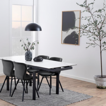 Table de salle à manger Huddersfield, céramique Akranes blanche, acier noir, 120/200cm