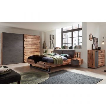 Ensemble de chambre à coucher Kalas | Lit double avec table de chevet, armoire, passe-partout, commode | Design brun-gris