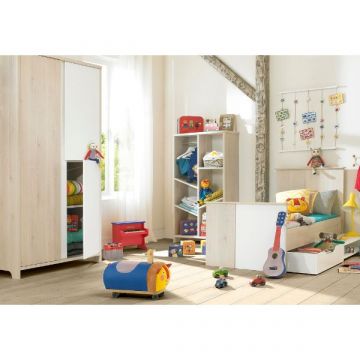 Ensemble pour chambre de bébé Binno | Lit pour bébé et enfant, tiroir de lit, armoire, bibliothèque | Design Milky Pine