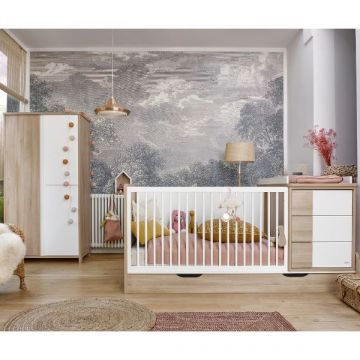 Ensemble de chambre d'enfant Binno | Lit évolutif avec commode, armoire et étagère murale | Oak White design