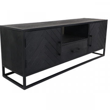 Meuble TV Verona 150cm 2 portes 1 tiroir bois de manguier motif à chevrons- noir