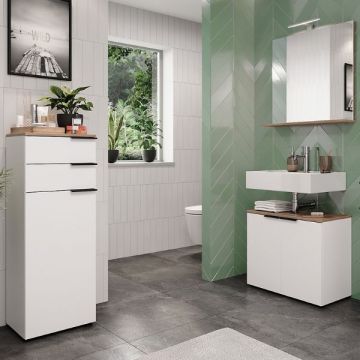 Ensemble de salle de bain Yannai | Meuble bas de lavabo, meuble latéral et miroir mural avec éclairage | Design en Oak White